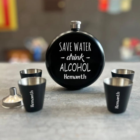 Personalized Round Hip Flask Set with Shot Glasses and 1 Funel